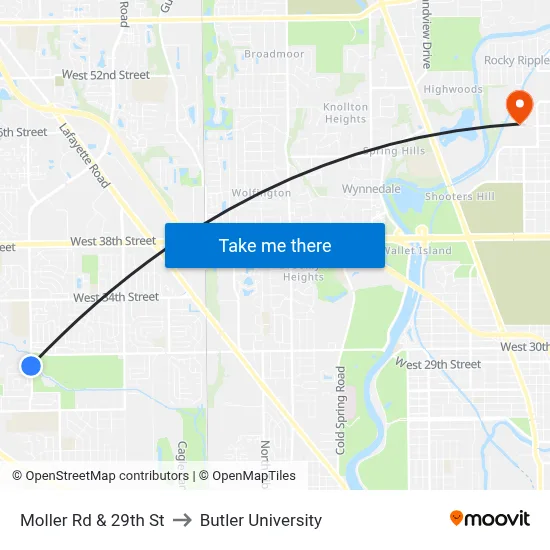 Moller Rd & 29th St to Butler University map