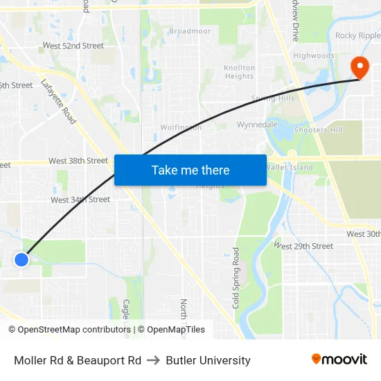Moller Rd & Beauport Rd to Butler University map