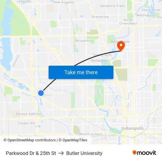 Parkwood Dr & 25th St to Butler University map