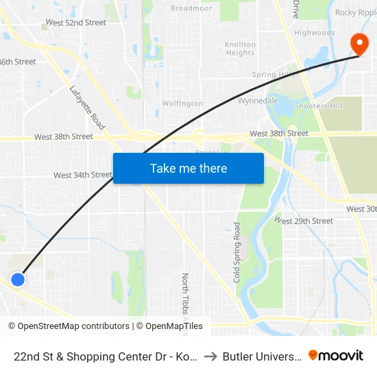 22nd St & Shopping Center Dr - Kohl's to Butler University map