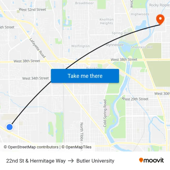 22nd St & Hermitage Way to Butler University map
