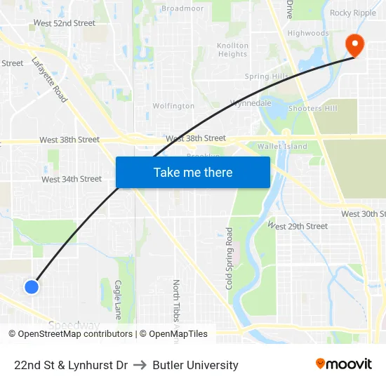 22nd St & Lynhurst Dr to Butler University map