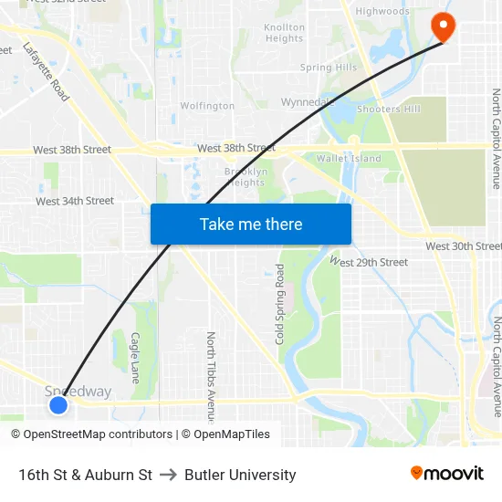 16th St & Auburn St to Butler University map