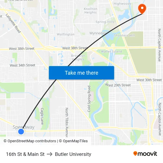 16th St & Main St to Butler University map