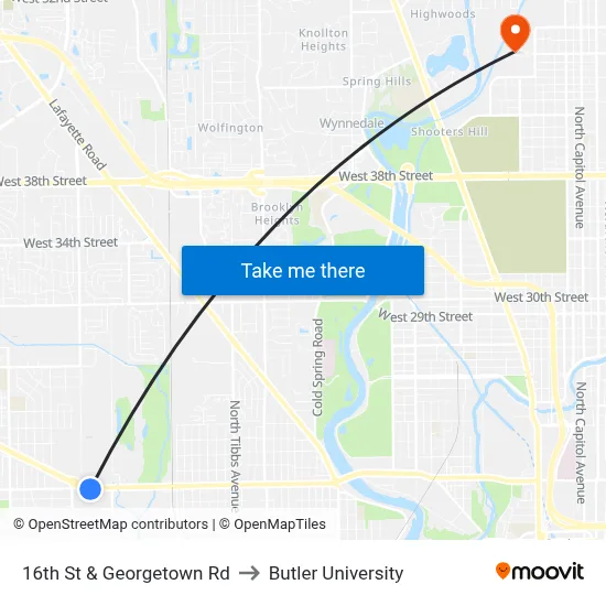 16th St & Georgetown Rd to Butler University map