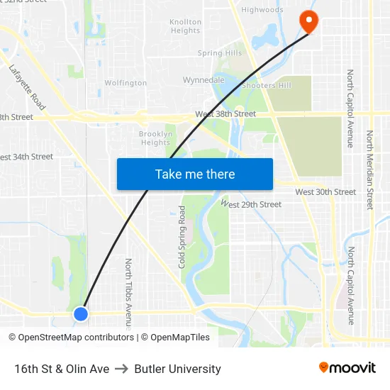 16th St & Olin Ave to Butler University map
