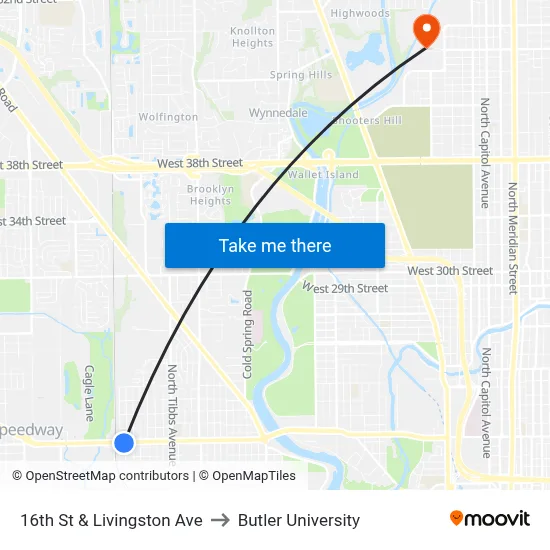 16th St & Livingston Ave to Butler University map