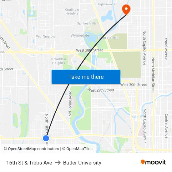 16th St & Tibbs Ave to Butler University map