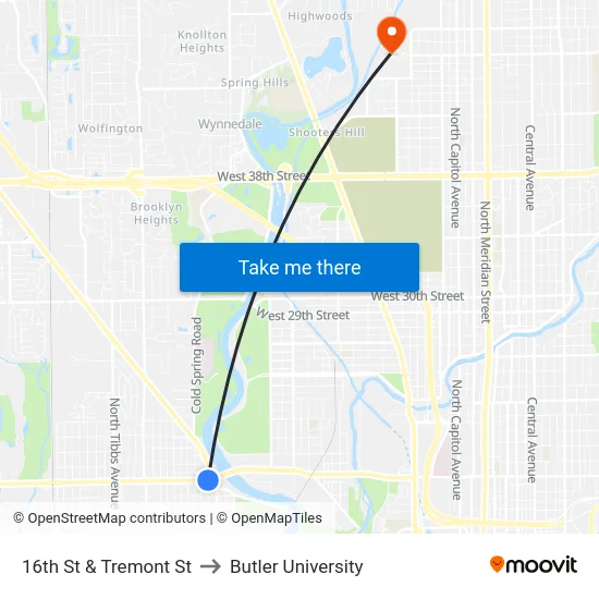 16th St & Tremont St to Butler University map