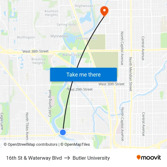 16th St & Waterway Blvd to Butler University map
