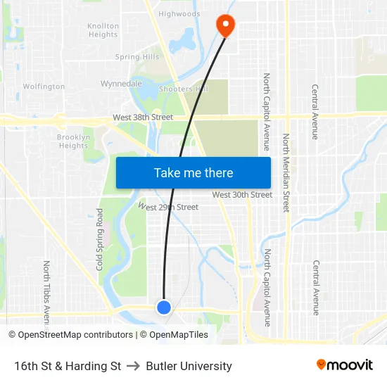 16th St & Harding St to Butler University map
