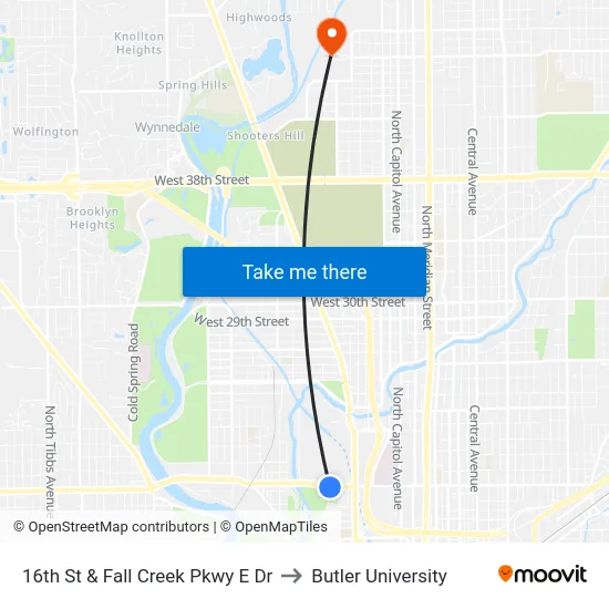 16th St & Fall Creek Pkwy E Dr to Butler University map