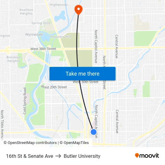 16th St & Senate Ave to Butler University map