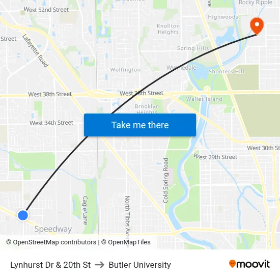 Lynhurst Dr & 20th St to Butler University map