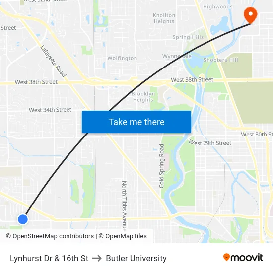 Lynhurst Dr & 16th St to Butler University map