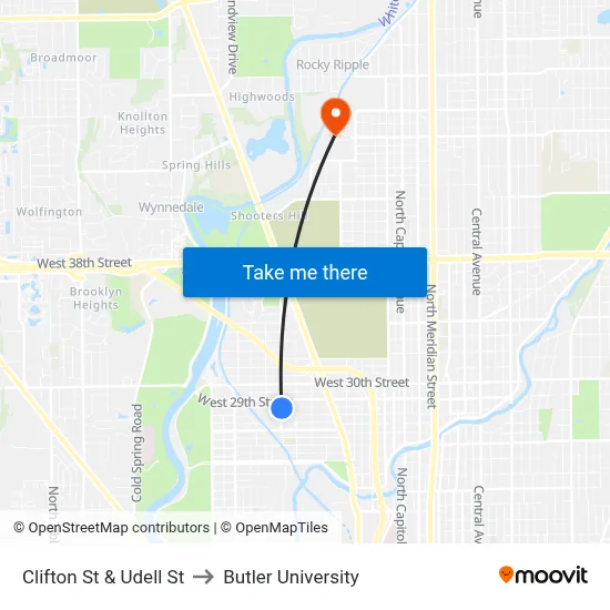 Clifton St & Udell St to Butler University map