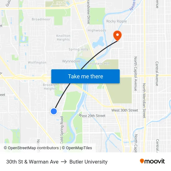 30th St & Warman Ave to Butler University map