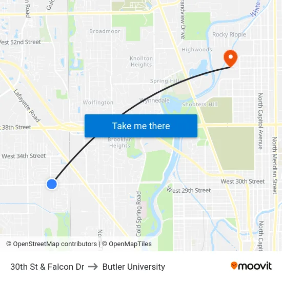30th St & Falcon Dr to Butler University map