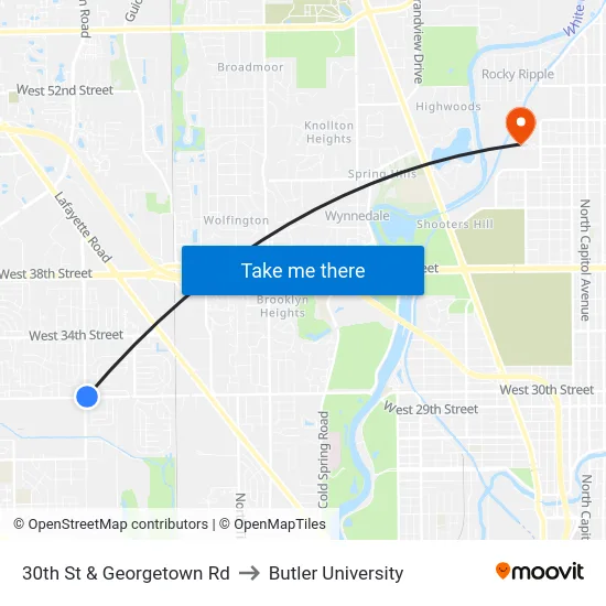 30th St & Georgetown Rd to Butler University map