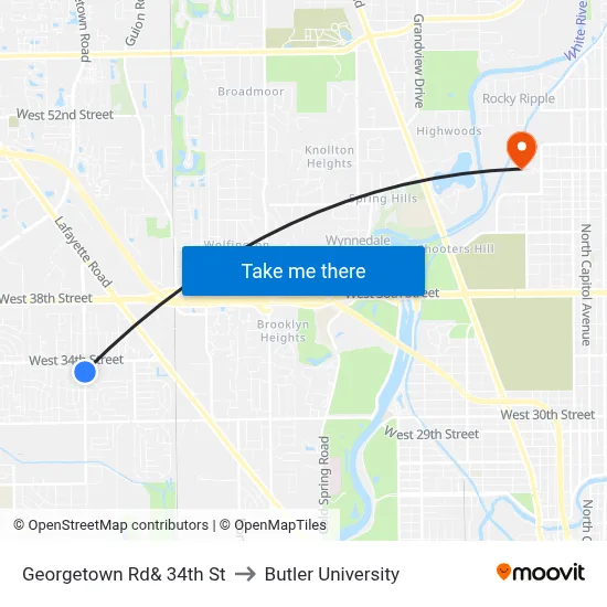 Georgetown Rd& 34th St to Butler University map
