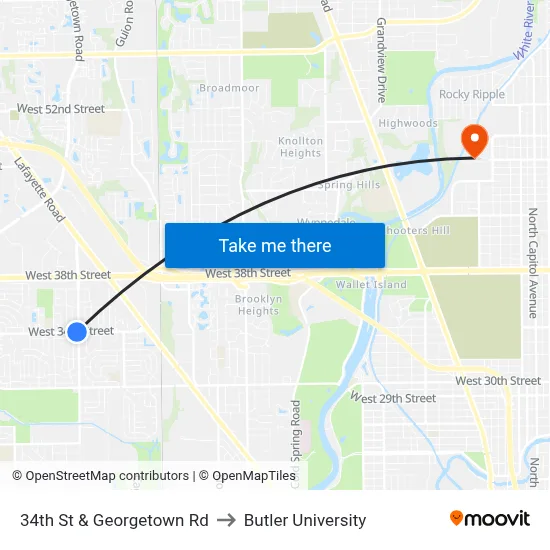 34th St & Georgetown Rd to Butler University map