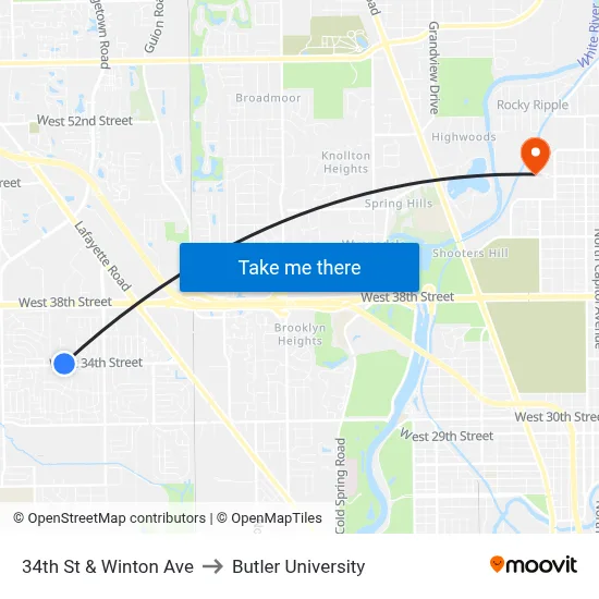 34th St & Winton Ave to Butler University map