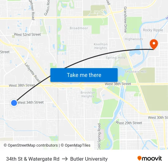 34th St & Watergate Rd to Butler University map