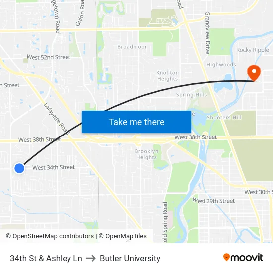 34th St & Ashley Ln to Butler University map