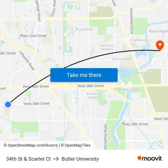 34th St & Scarlet Ct to Butler University map
