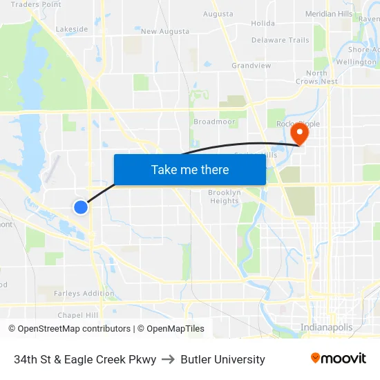 34th St & Eagle Creek Pkwy to Butler University map