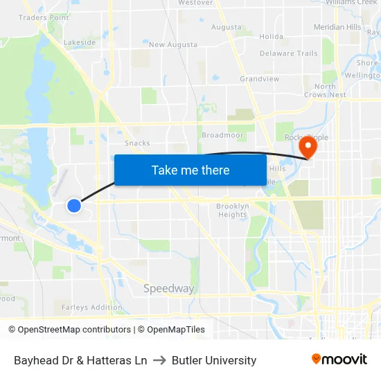 Bayhead Dr & Hatteras Ln to Butler University map