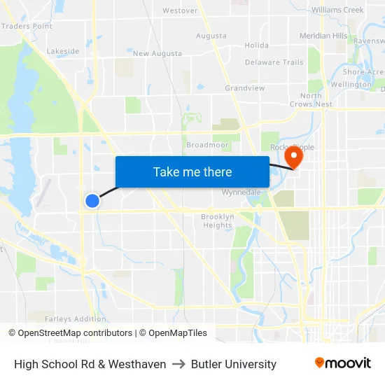 High School Rd & Westhaven to Butler University map