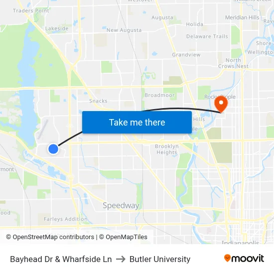 Bayhead Dr & Wharfside Ln to Butler University map