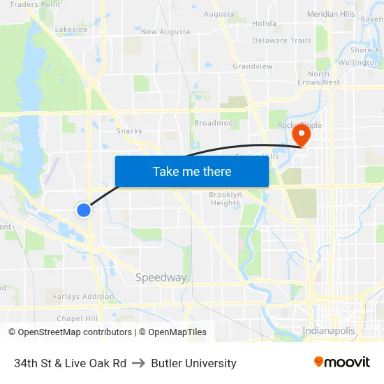 34th St & Live Oak Rd to Butler University map