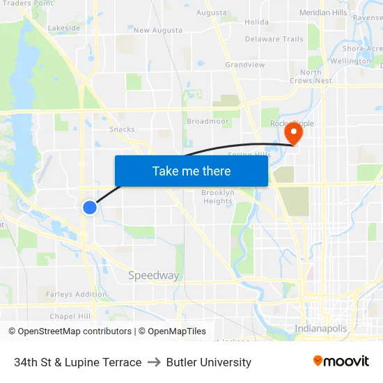 34th St & Lupine Terrace to Butler University map
