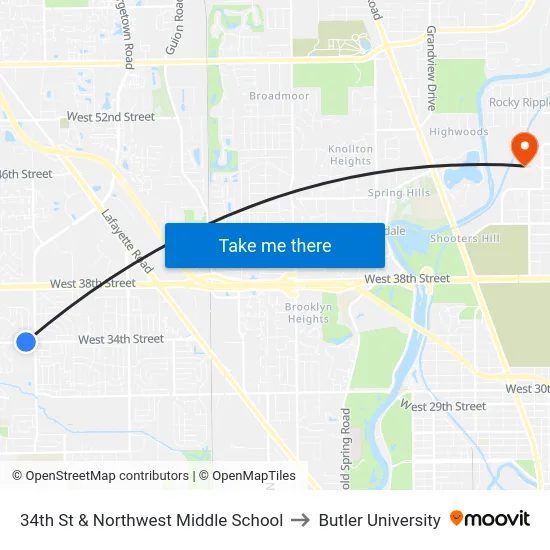 34th St & Northwest Middle School to Butler University map