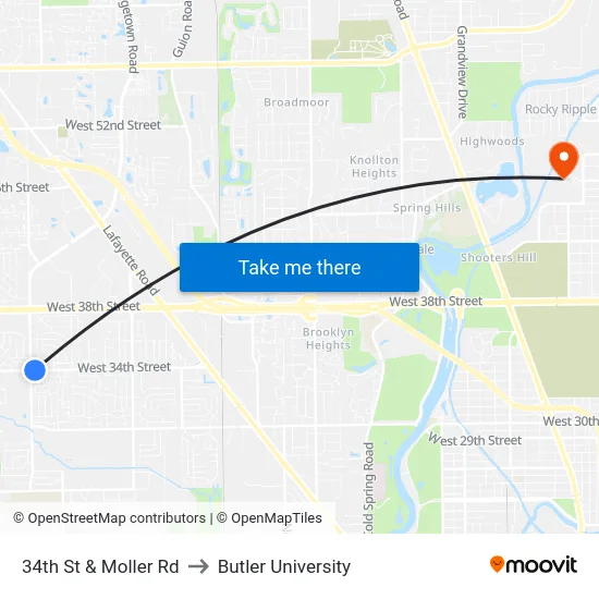34th St & Moller Rd to Butler University map