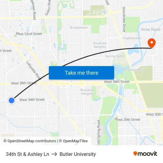 34th St & Ashley Ln to Butler University map