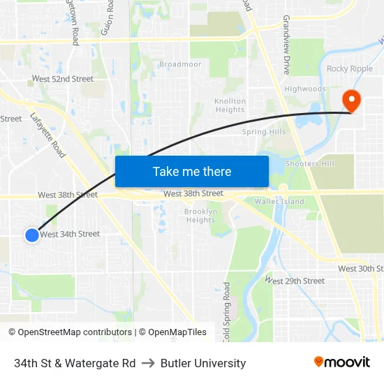 34th St & Watergate Rd to Butler University map