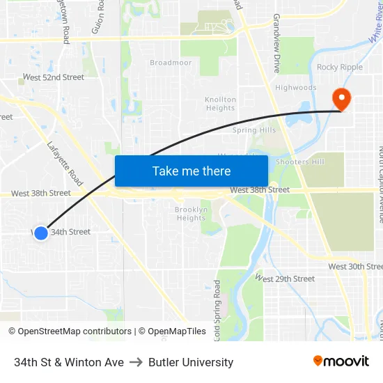 34th St & Winton Ave to Butler University map