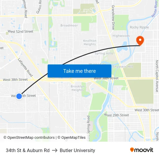 34th St & Auburn Rd to Butler University map