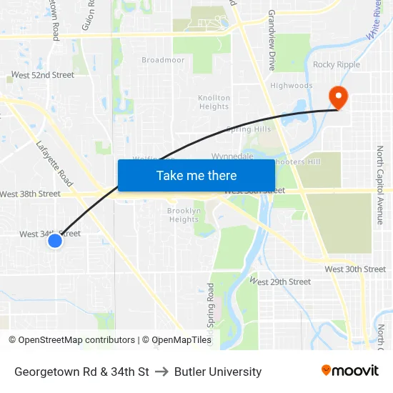 Georgetown Rd & 34th St to Butler University map
