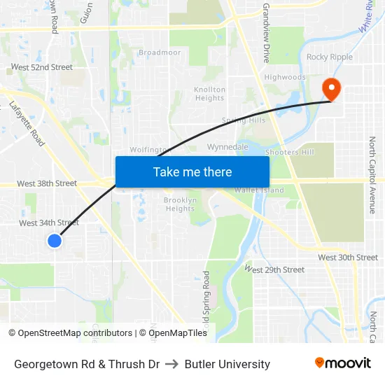 Georgetown Rd & Thrush Dr to Butler University map
