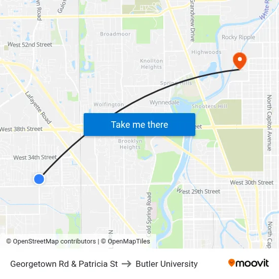 Georgetown Rd & Patricia St to Butler University map