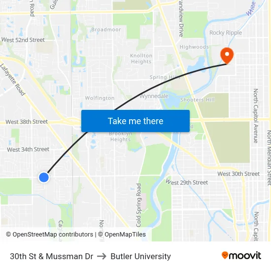 30th St & Mussman Dr to Butler University map
