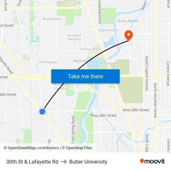 30th St & Lafayette Rd to Butler University map