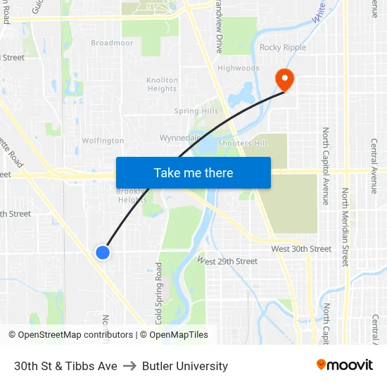 30th St & Tibbs Ave to Butler University map