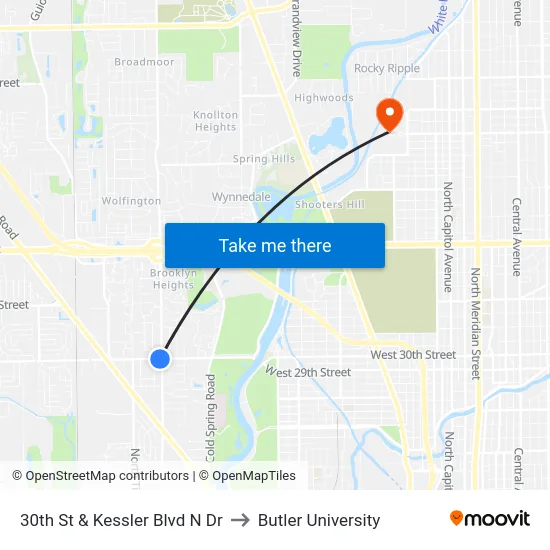 30th St & Kessler Blvd N Dr to Butler University map