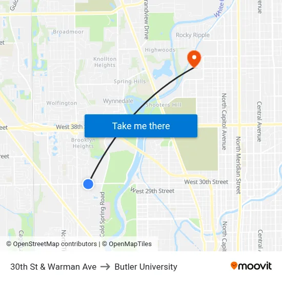 30th St & Warman Ave to Butler University map