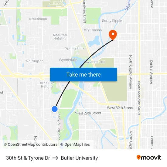 30th St & Tyrone Dr to Butler University map